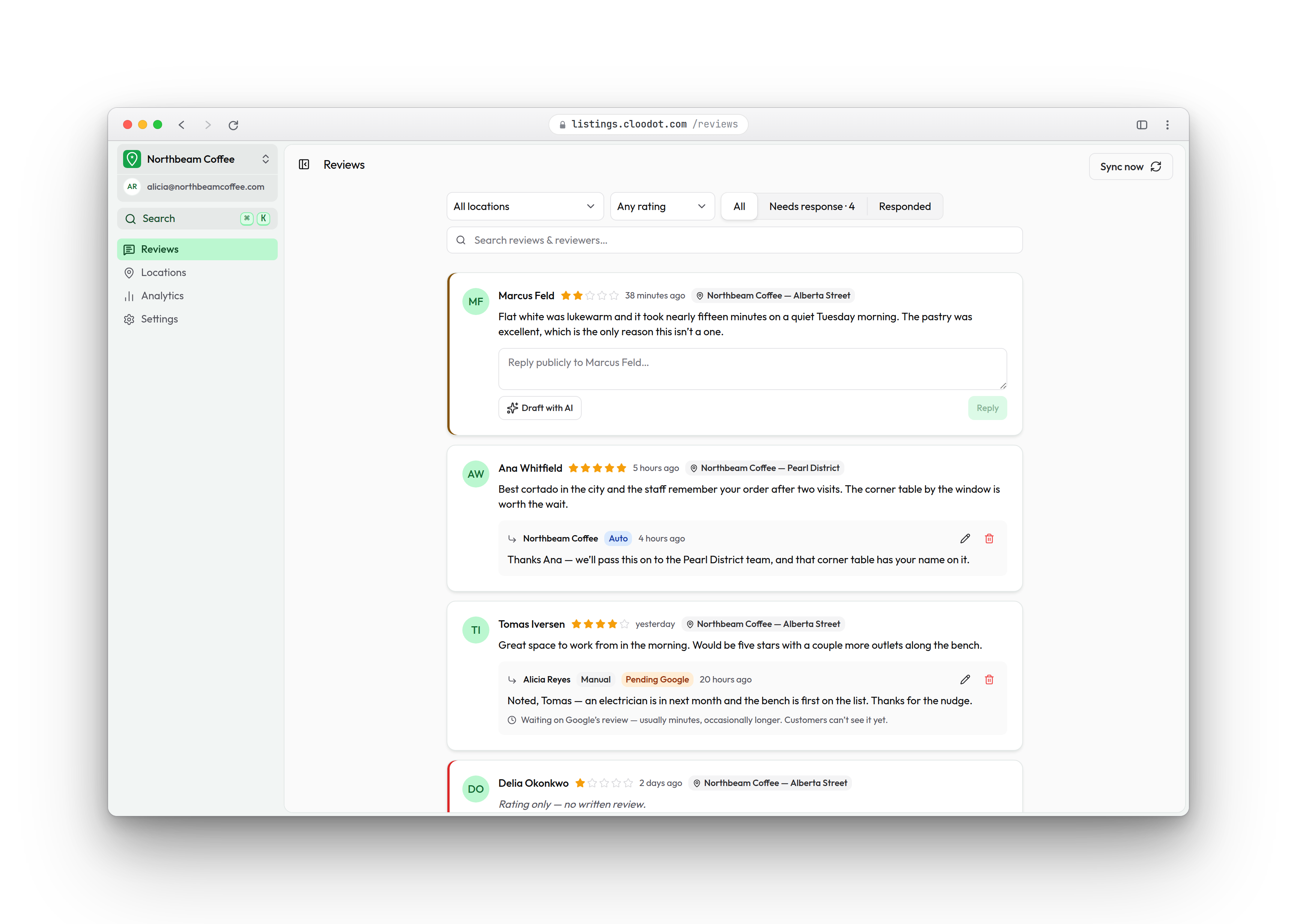 Cloodot Listings review inbox with location filters, customer ratings, replies, and reviews that still need a response. Shown with sample data.